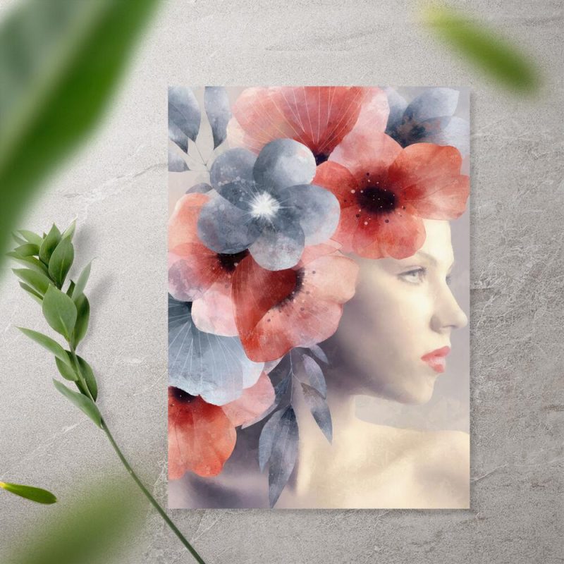Plakat z kobiecą buzią i kwiatuszkami