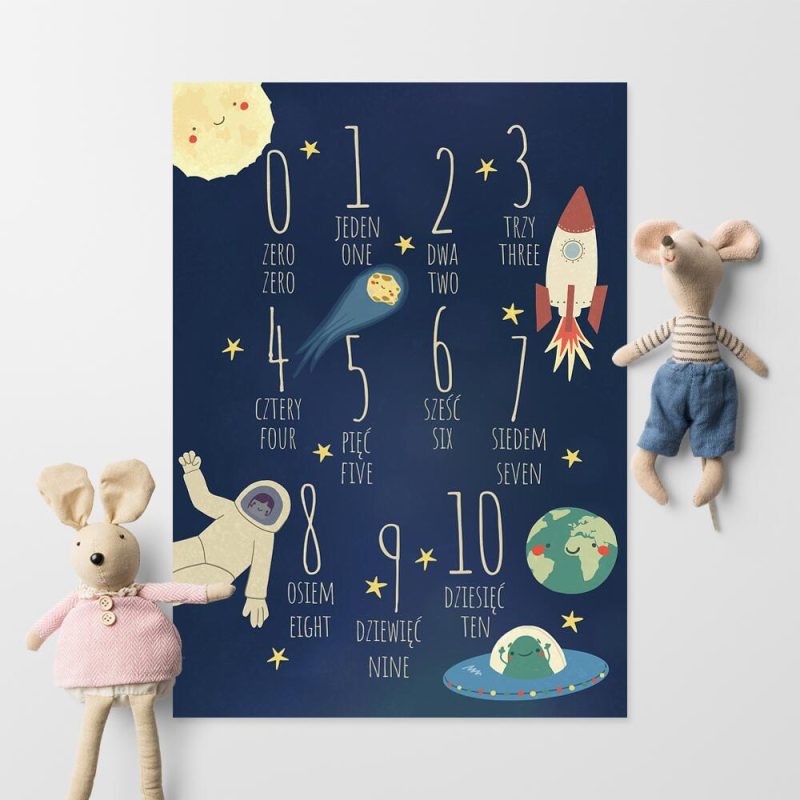Plakat z kosmicznymi cyframi do dekoracji przedszkola