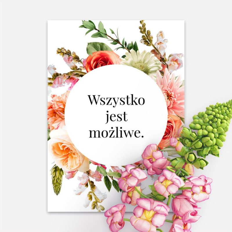 Plakat z kwiatami i napisami