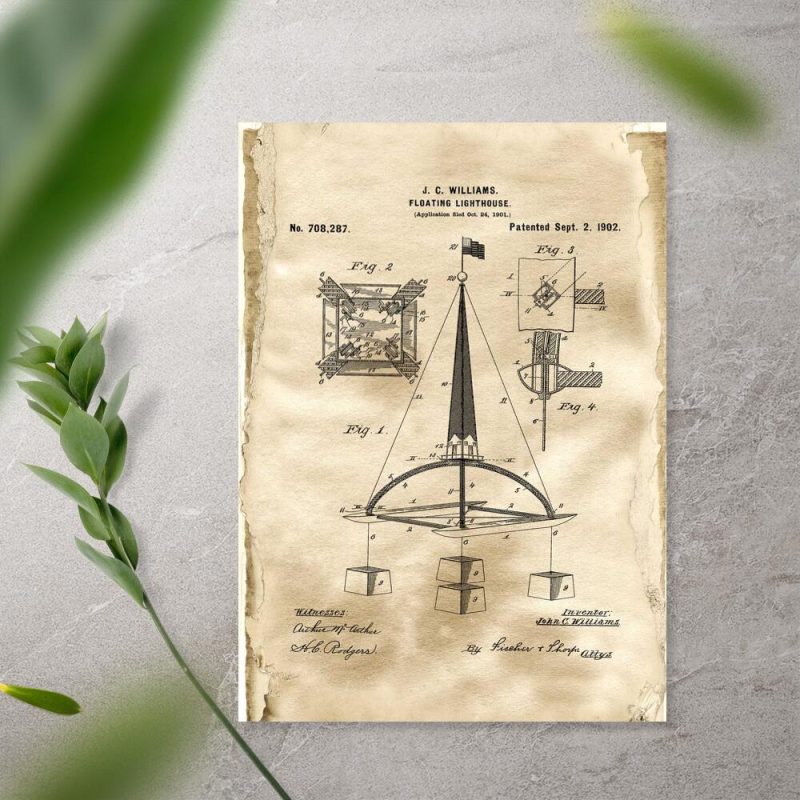 Plakat z patentem na pływającą latarnię morską