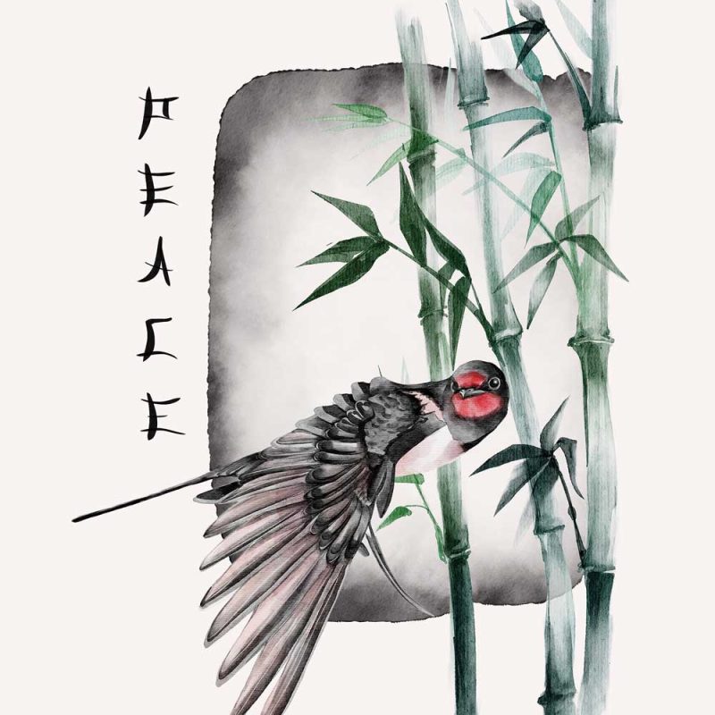 Plakat z ptakiem i bambusem i napisem