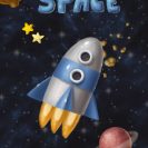 Plakat z rakietą w przestrzeni kosmicznej