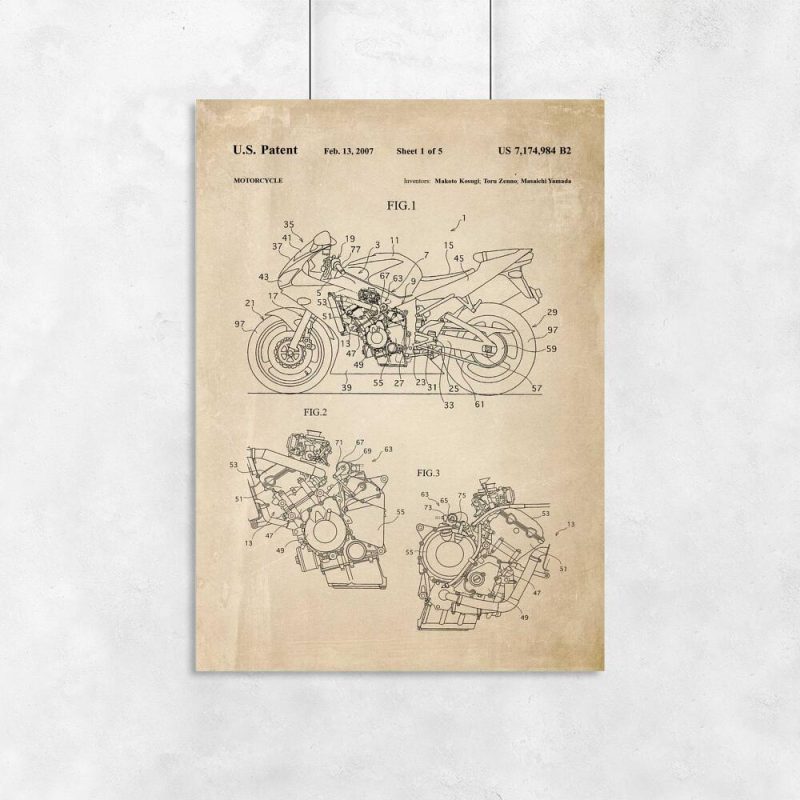 Plakat z rysunkiem patentowym motocykla