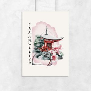 Plakaty z azjatycką świątynią w różowych tonacjach