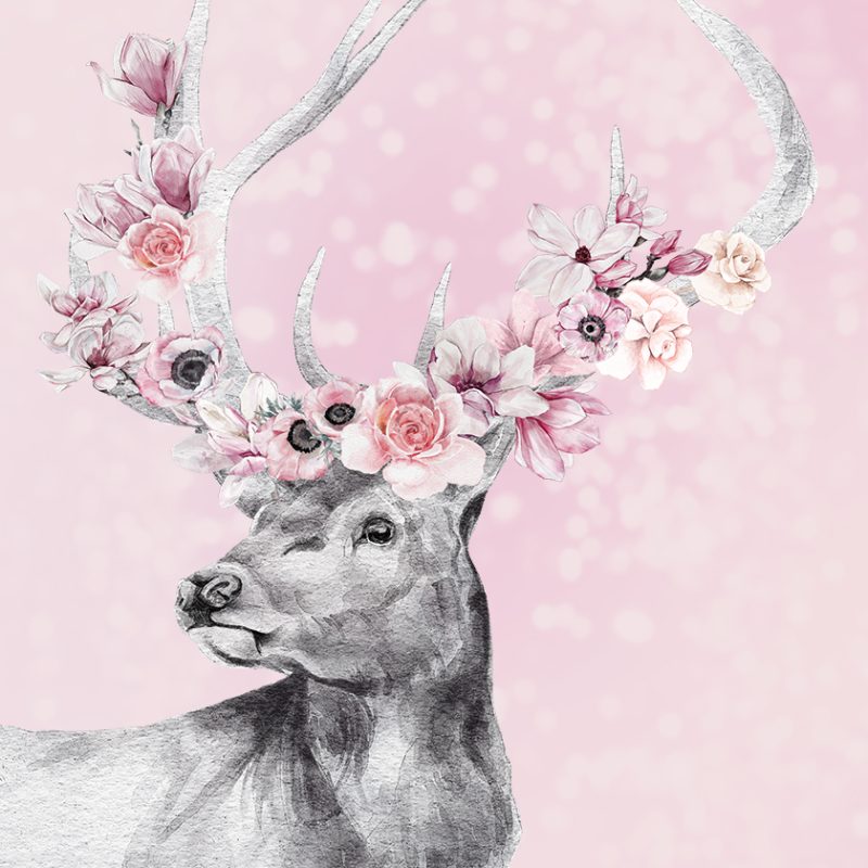 Różowy plakat z motywem jelenia i kwiatów bez ramy Różowy plakat z motywem jelenia i kwiatów bez ramy
