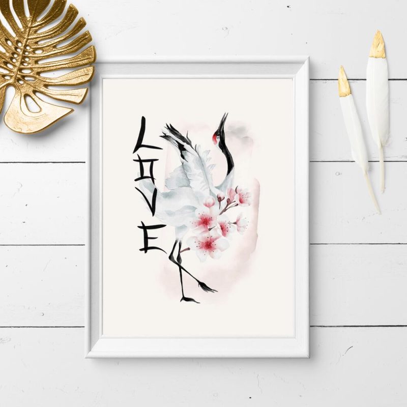 Różowy plakat z żurawiem
