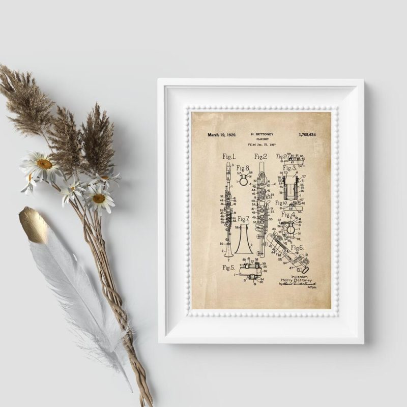Plakat retro z patentem na konstruowanie klarnetów Plakat retro z patentem na konstruowanie klarnetów