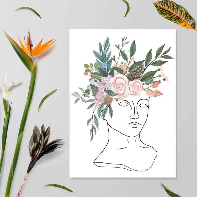 plakat z kobietą z kwiatami na głowie
