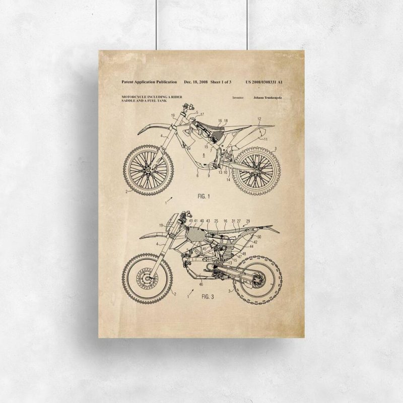Plakat do powieszenia w salonie motoryzacyjnym z patentem na motocykl