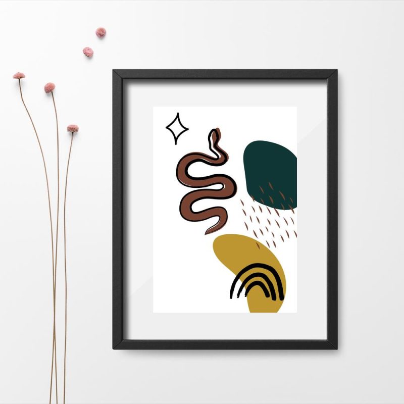 Plakat z abstrakcyjnymi plamami i wężem