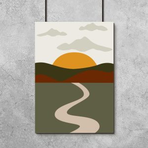 Plakat ze słońcem nad wzgórzami