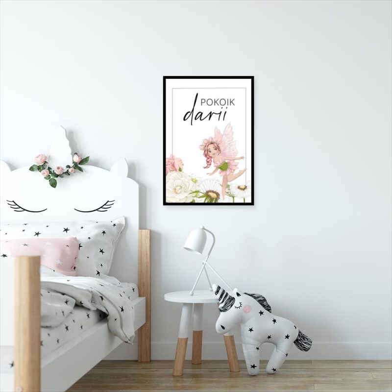 Plakat z różowowłosą wróżką i kwiatami dla dziewczynek