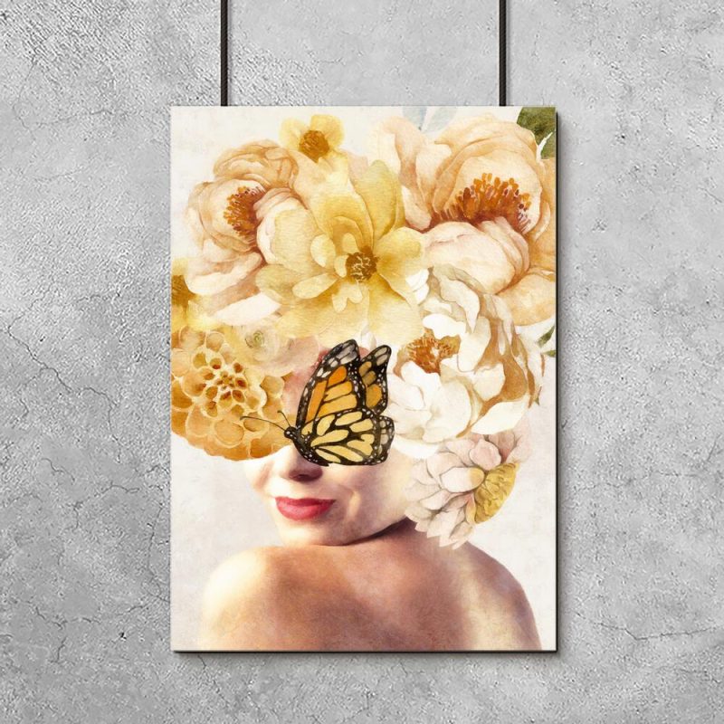 Żółty plakat z kobieta i motylkiem