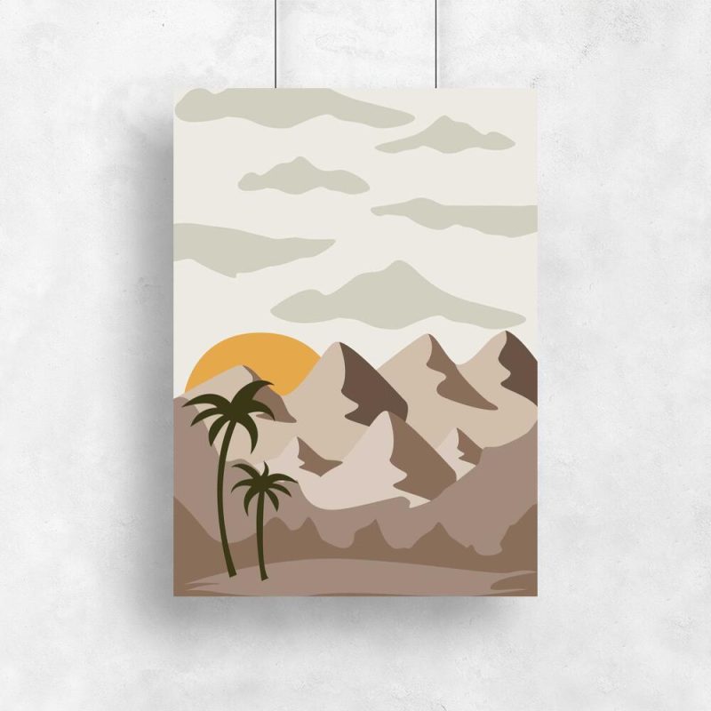 Pastelowy plakat z motywem zachodzącego słońca i palm