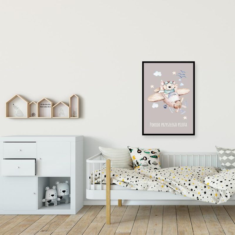 Typograficzny plakat dla dzieci – Miś w samolocie do pokoju przedszkolaka Typograficzny plakat dla dzieci - Miś w samolocie do pokoju przedszkolaka