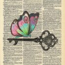 Plakat kolorowy motyl na tle strony z książki